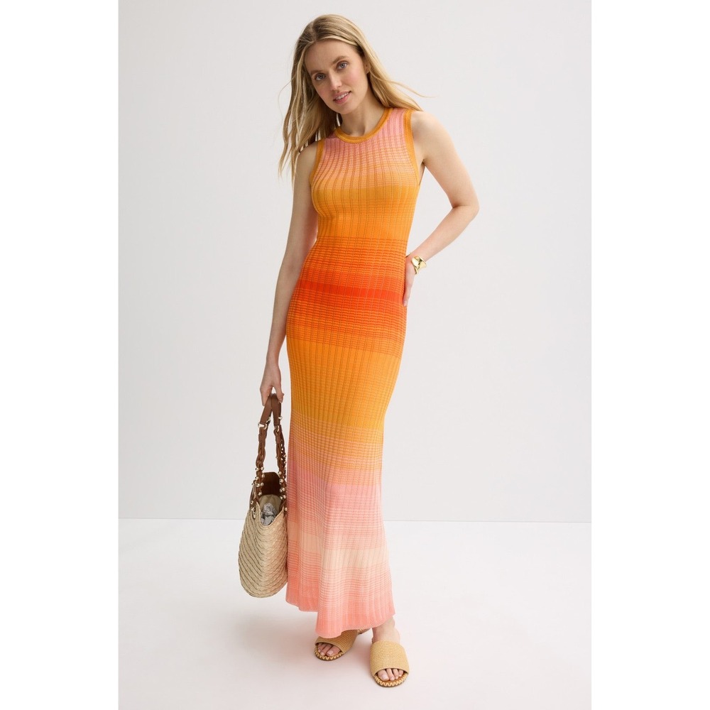 Maje Orange Pink Ombre Ribbed Knit Sleeveless Maxi Dress Sunset Stripe